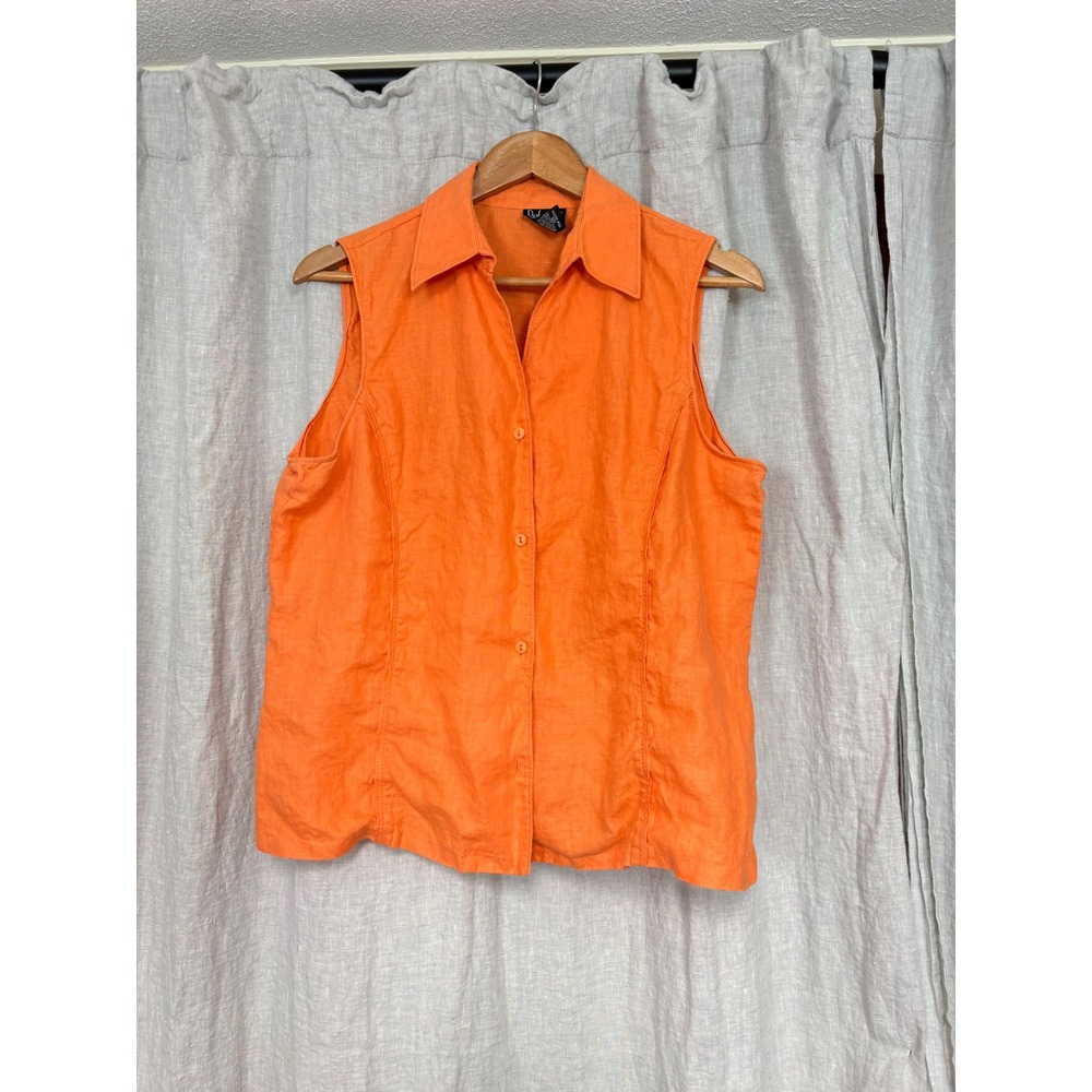 Rafaella Womens Orange 100% Linen Sleeveless Button Down Shirt Top Size 16